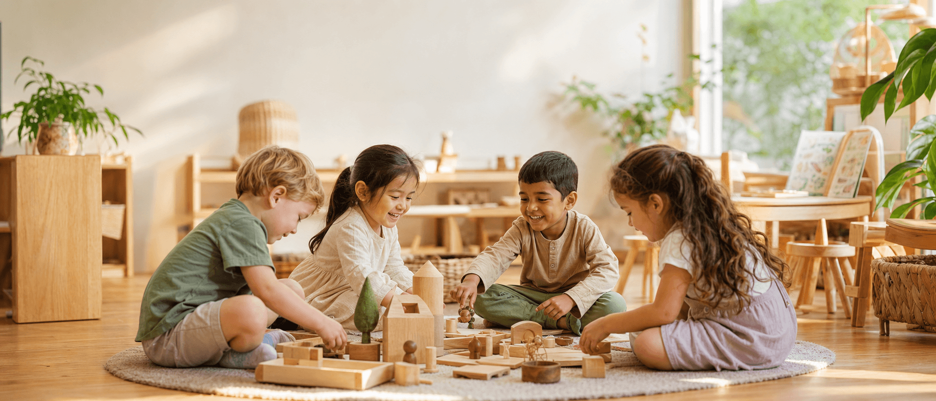 Children enjoying open-ended play in a warm early-learning environment