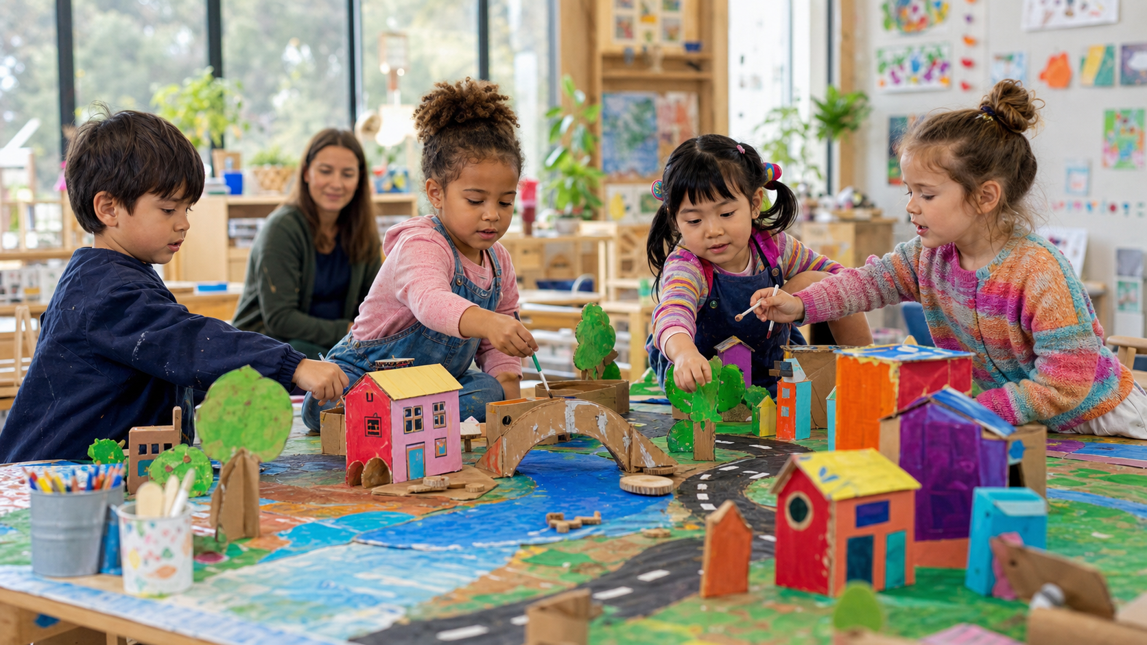 Kindergarten children creating a colourful neighbourhood project together