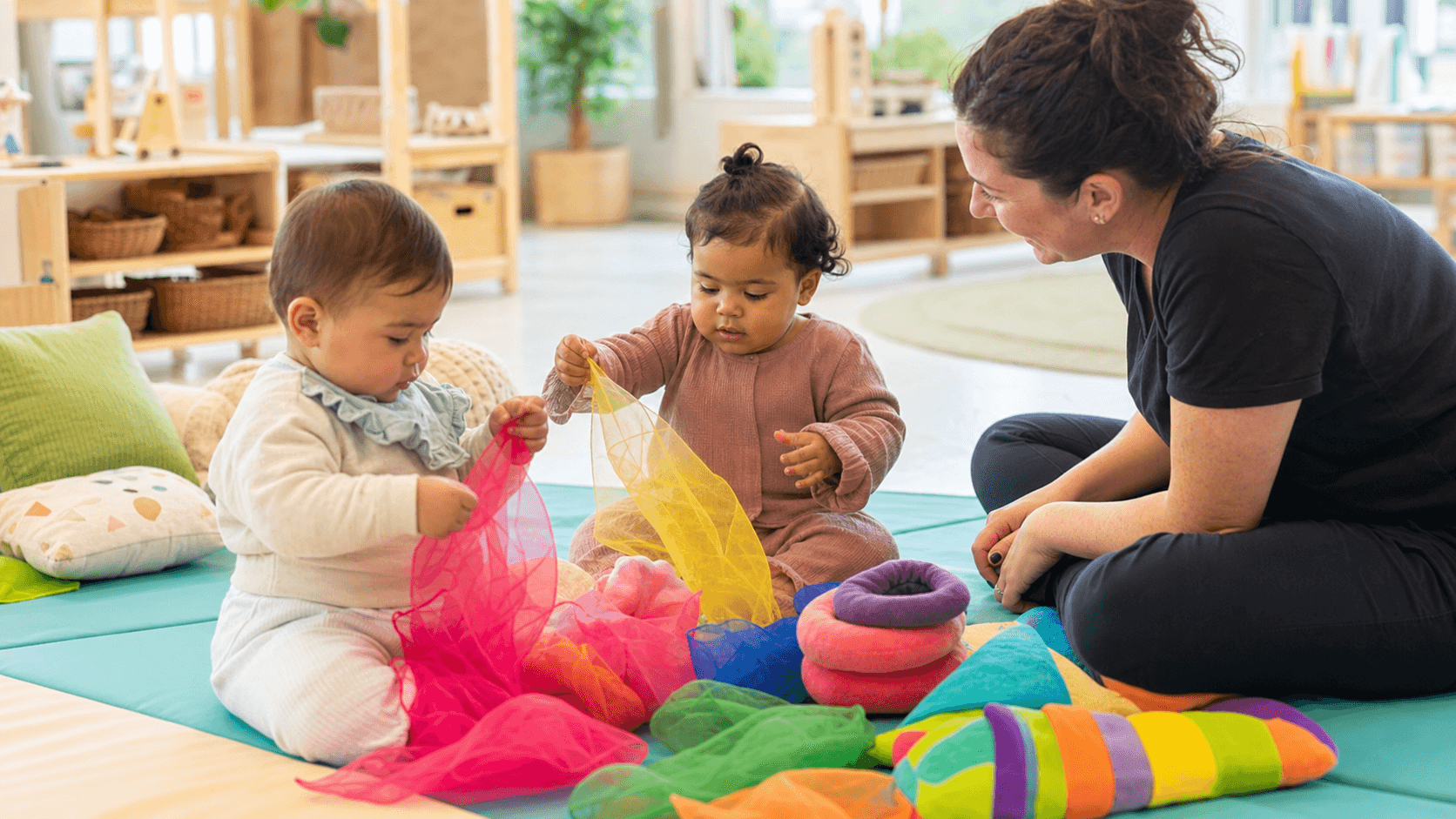 Babies enjoying colourful sensory play with a nearby educator