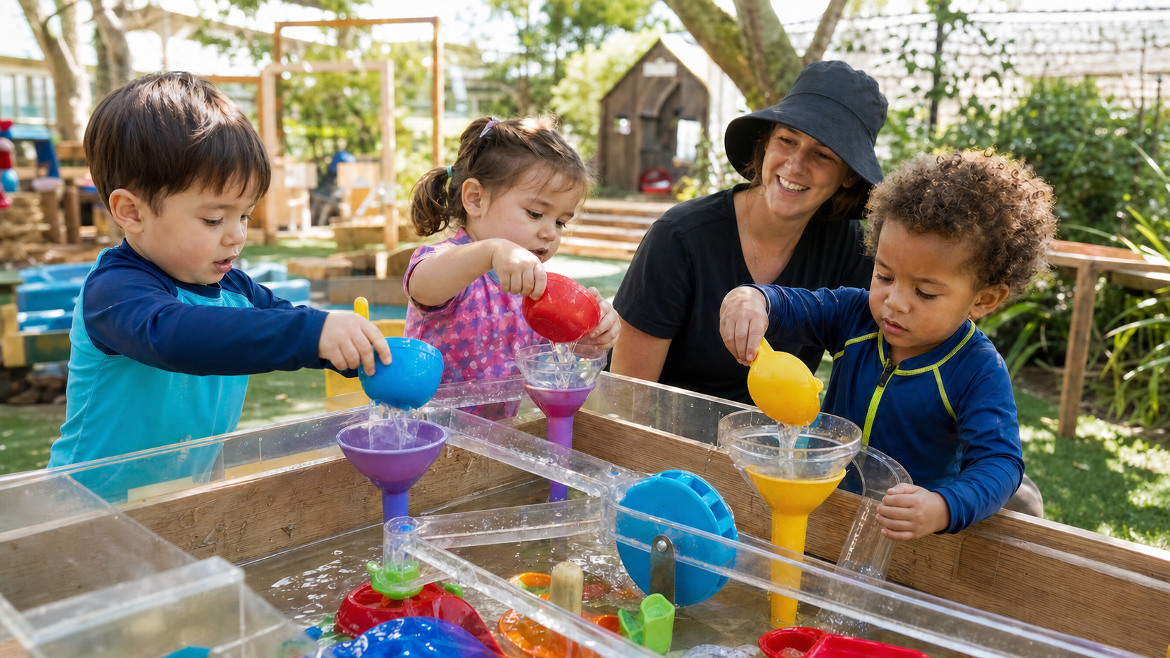 Toddlers exploring colourful outdoor water play together