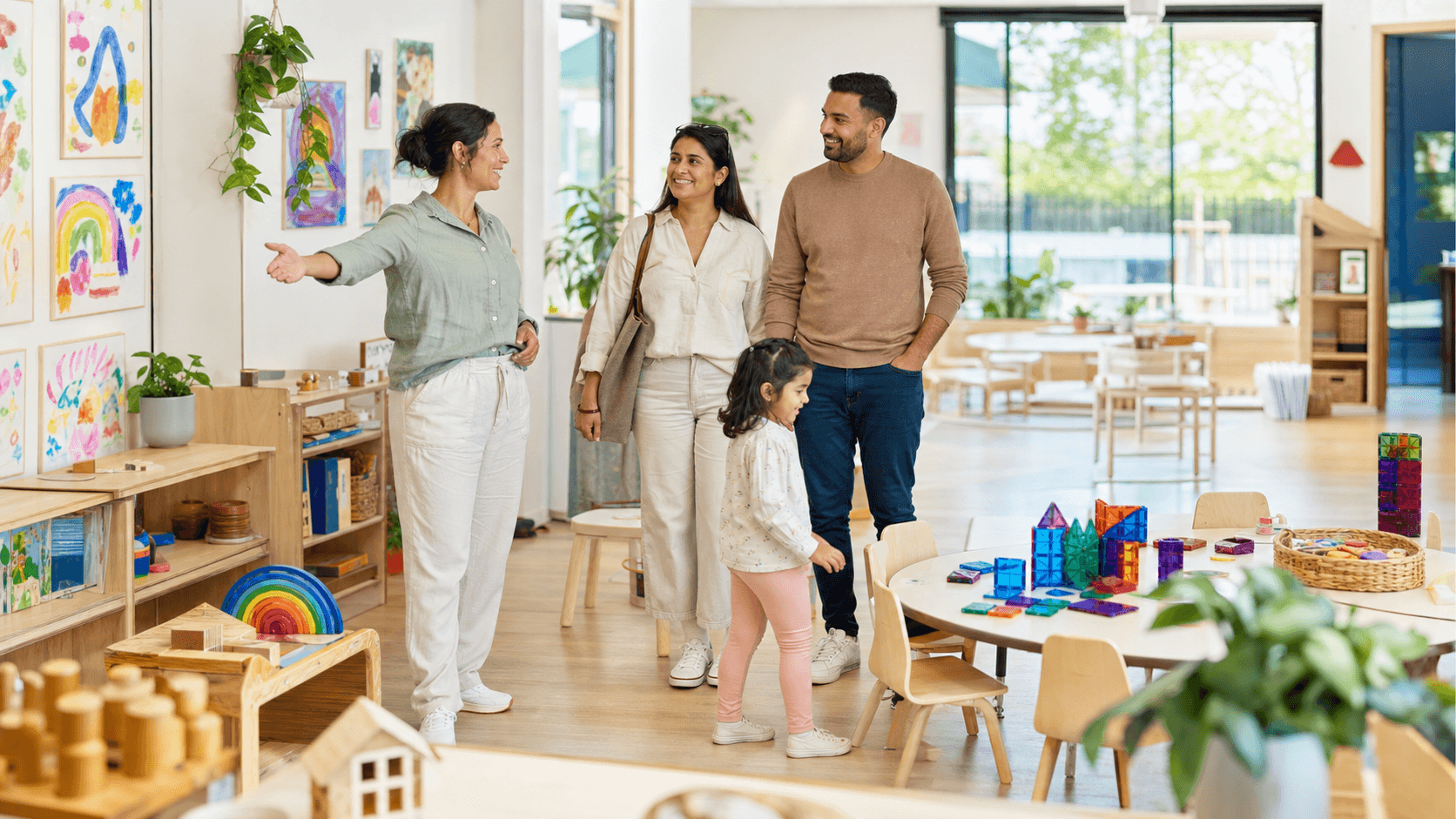 Family touring a bright early-learning room with the centre director