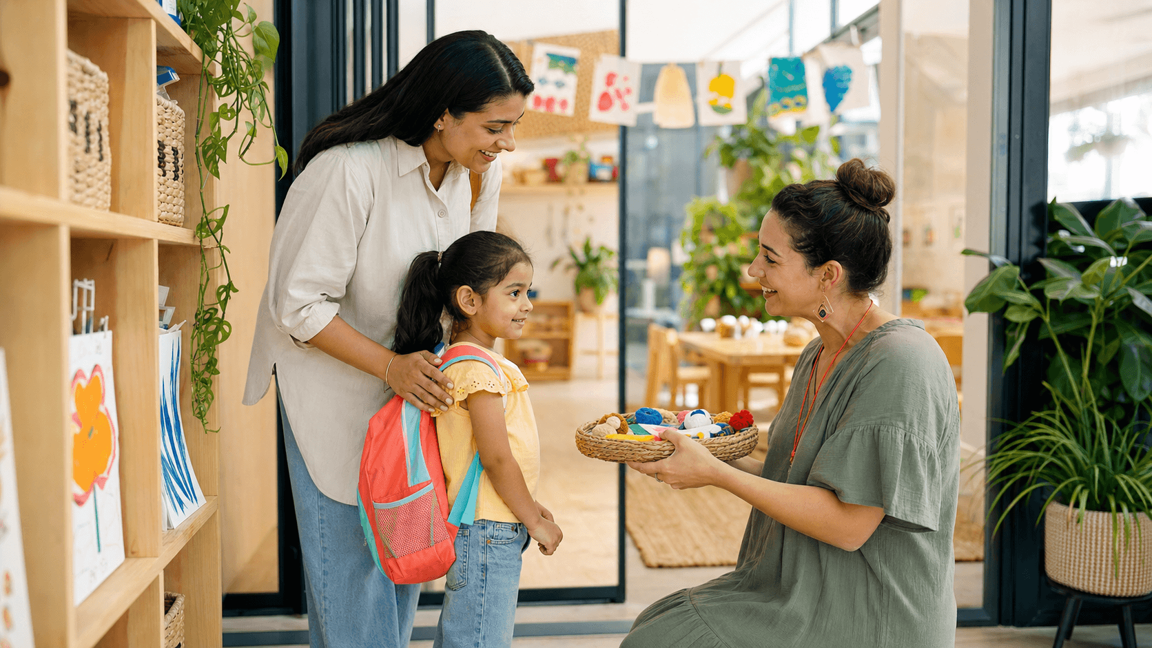 Parent and child receiving a warm welcome from an educator