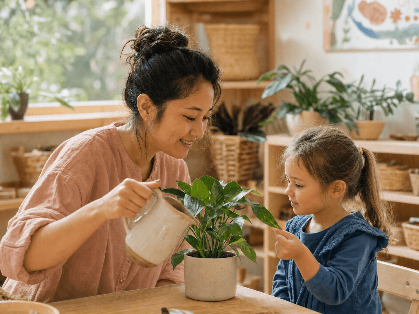 Educator and child gently caring for a classroom plant together