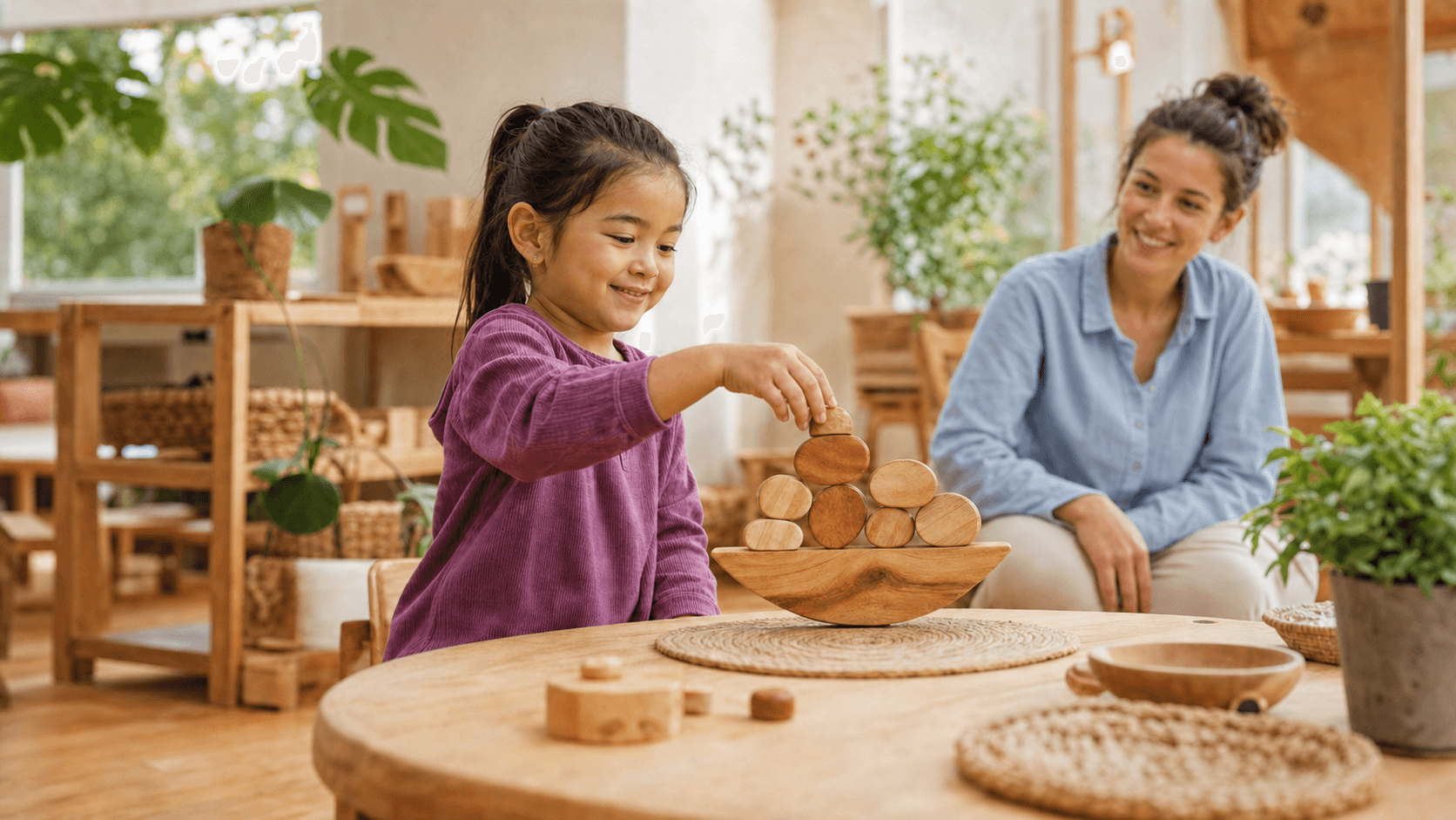 Child proudly completing a wooden balancing activity independently