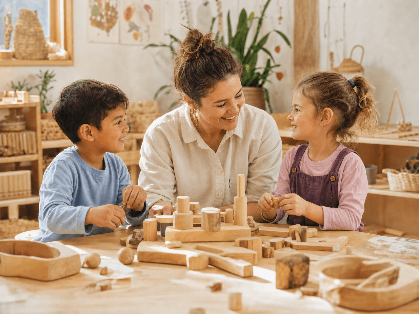 Educator and children connecting through collaborative wooden play