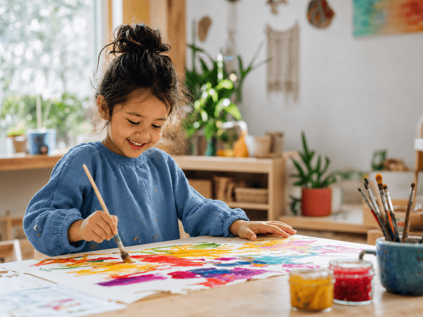 Child joyfully expressing creativity through painting