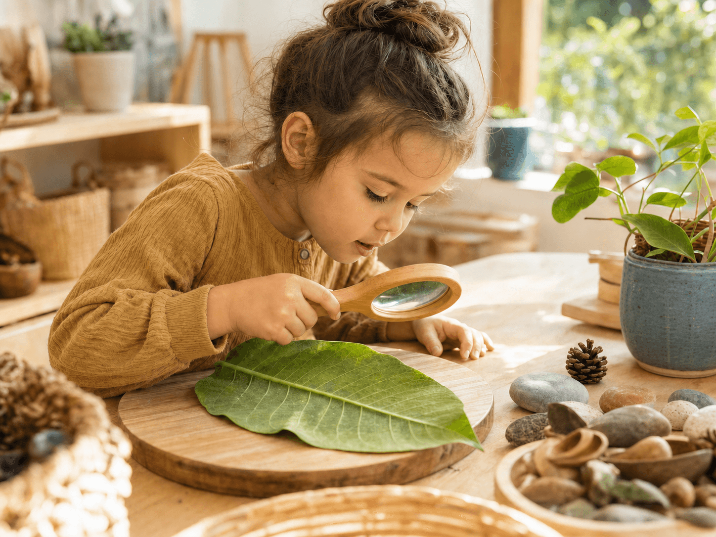 Child exploring a leaf closely with a wooden magnifying glass
